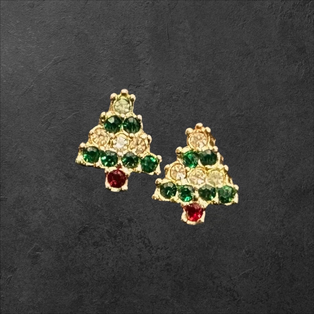 Christmas Tree‎ Stud Earrings Green/Clear/Red Rhinestones Gold Tone Holiday